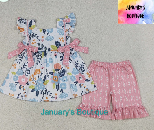 Girl’s Pink and Blue Floral Bow Set