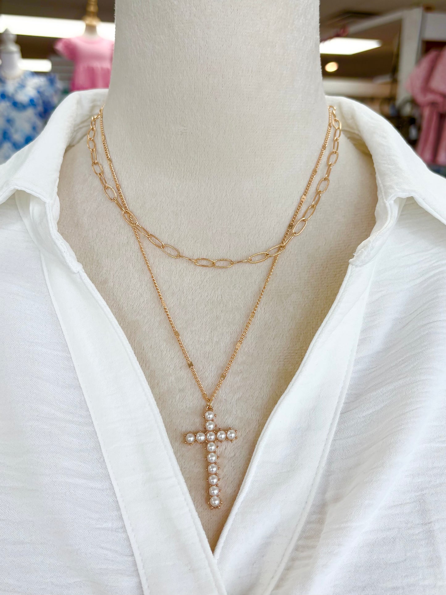 KK 2 Layered Cross Pearl Necklace