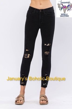 Womens Judy Blue High Black Midrise Leopard Patch Skinny Jeans