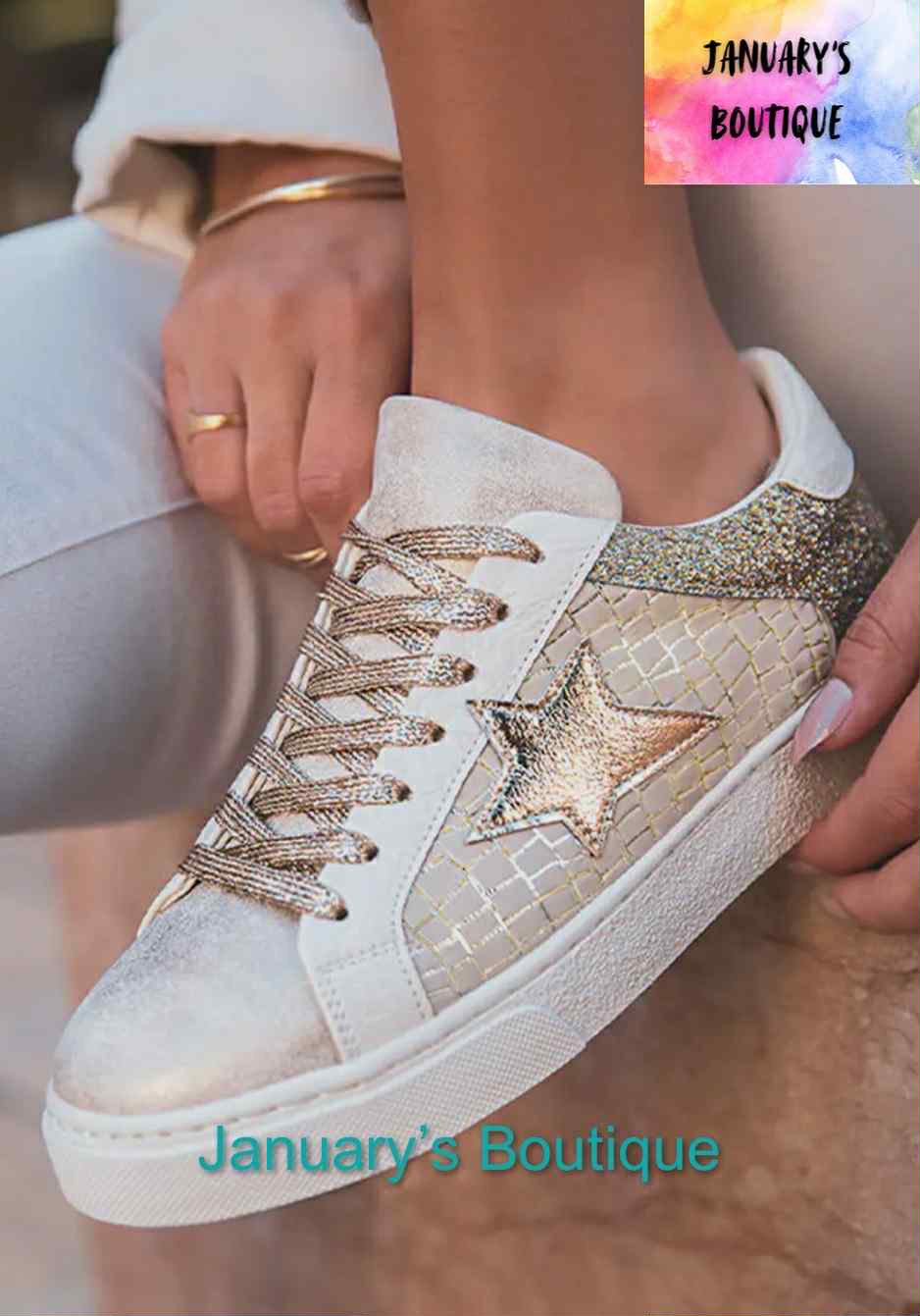 Women's Gold Glitter Star Tennis Shoes