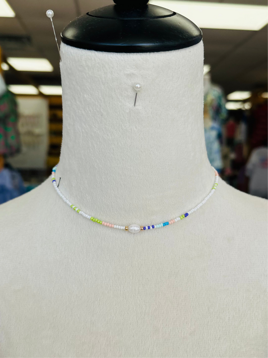 KK Multicolor & White Seed Bead W/ Pearl Necklace
