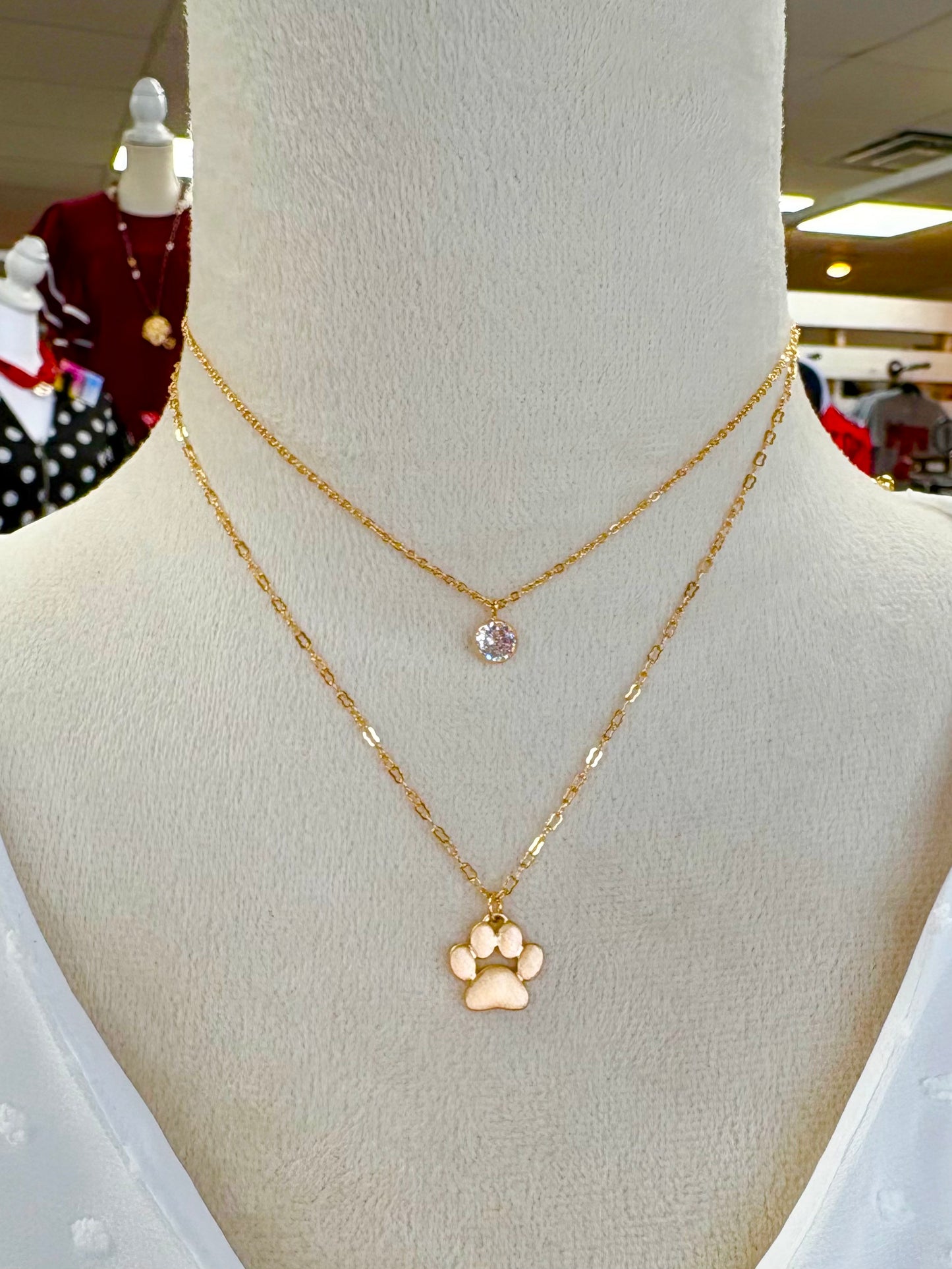 Matte Gold Paw/Rhinestone Necklace