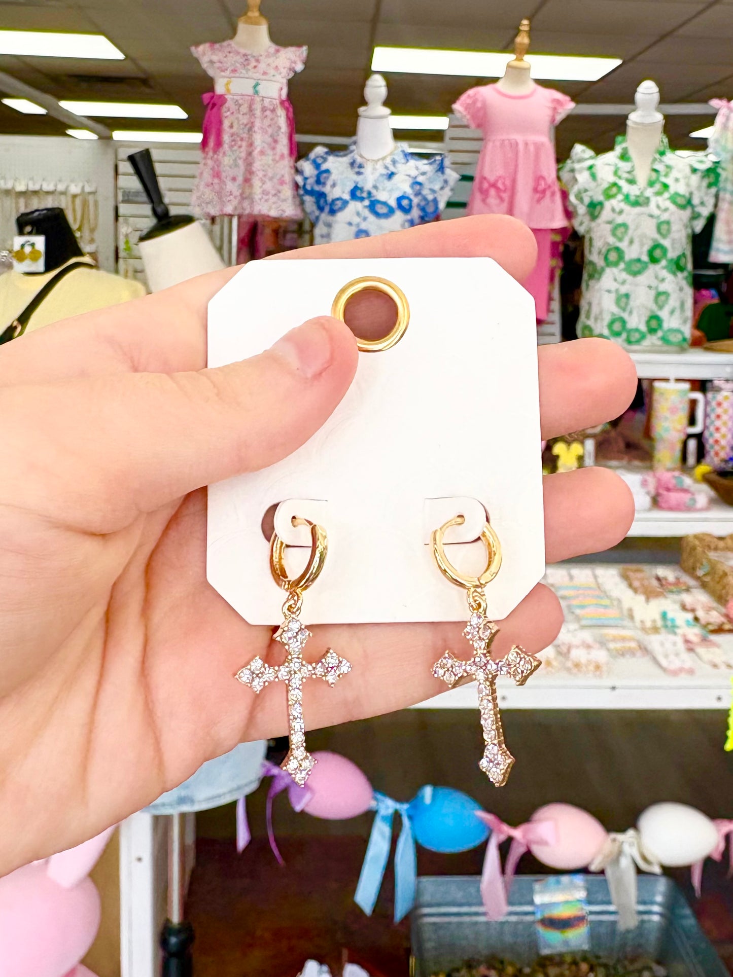 Gold Cross Rhinestone Drop Earrings