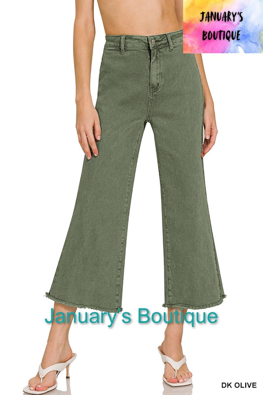 Women’s Dark Olive Acid Washed Frayed Hem Pants