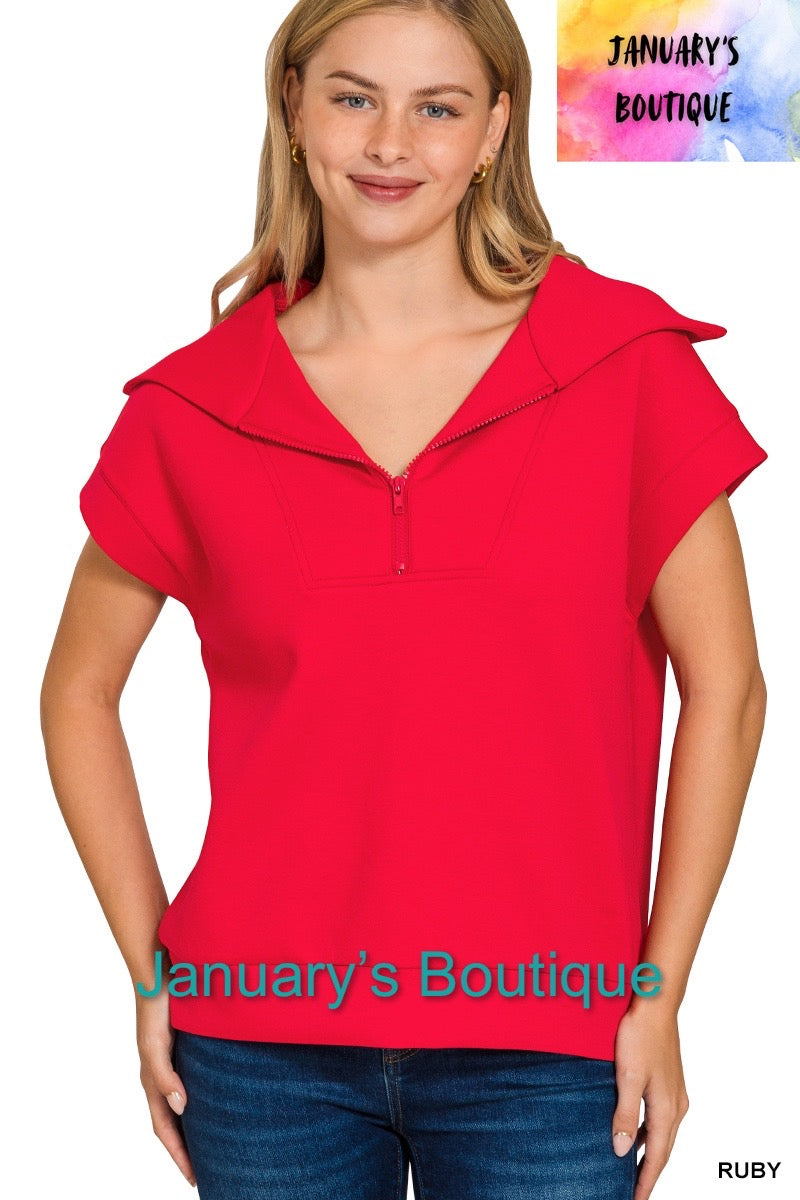 Women’s Ribbed High Neck Half Zip Ruby Top