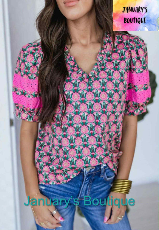 Women's Pink Abstract Floral Print Top