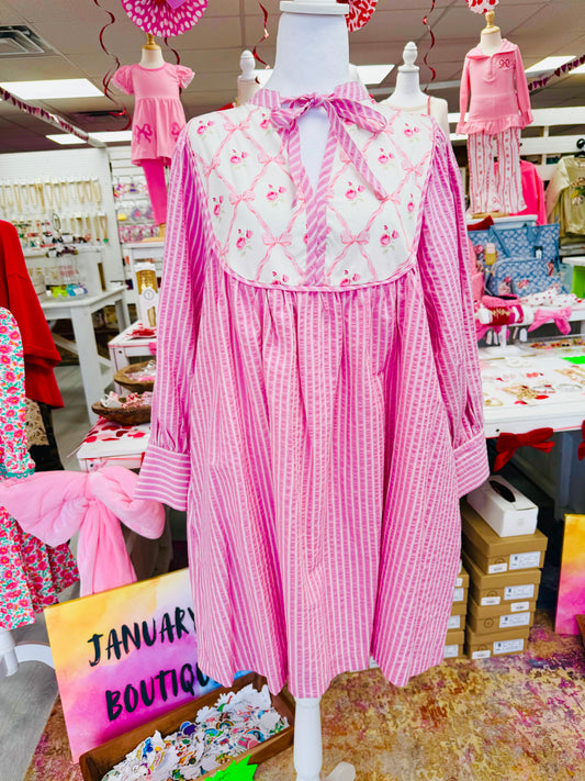Pink Striped Bows & Roses Short Dress