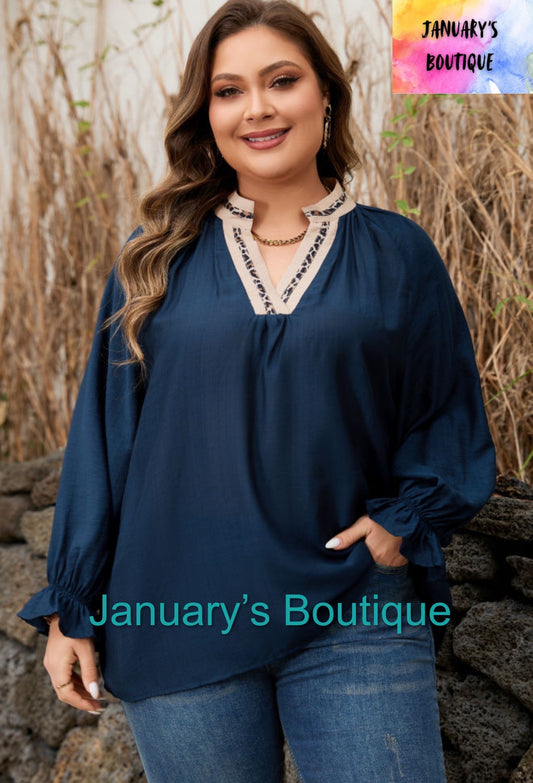 Women’s Plus Navy & Leopard Top