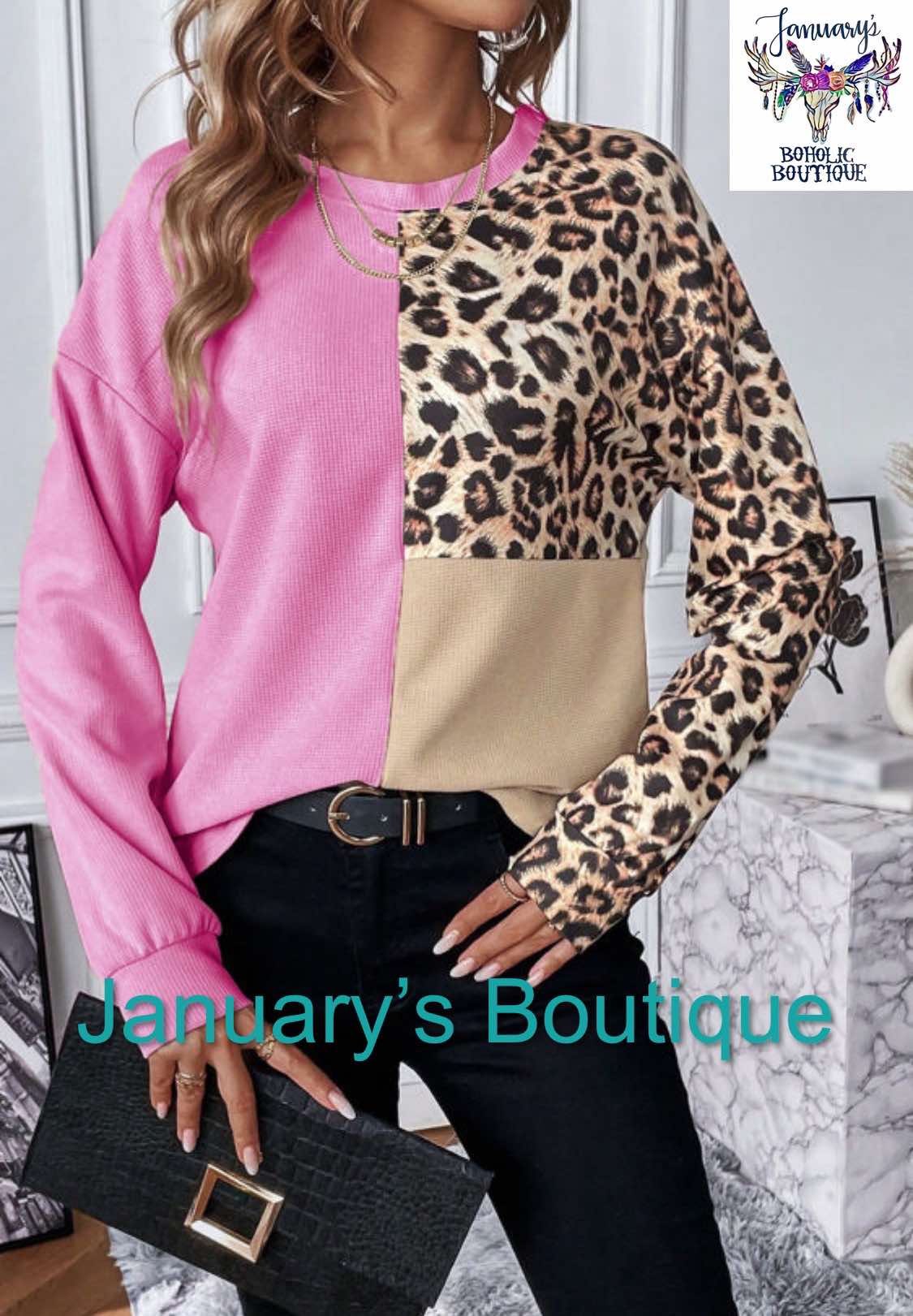 Womens Leopard Color Block Waffle Top