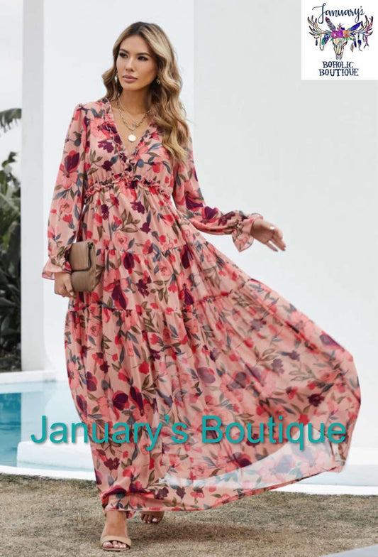 Womens Pink Floral Maxi Dress