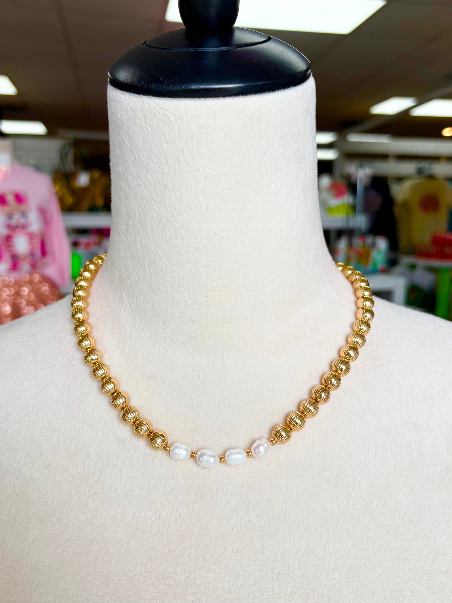 KK Textured Gold Beaded Pearl Necklace