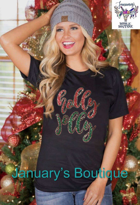 Women's Black Sequin "Holly Jolly" Graphic T-shirt