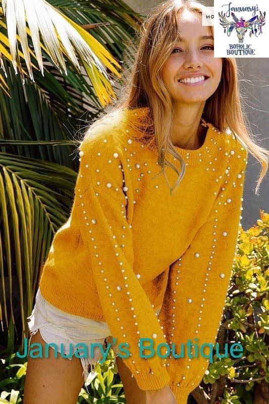 Women's Beaded Mock Neckline Mustard Sweater