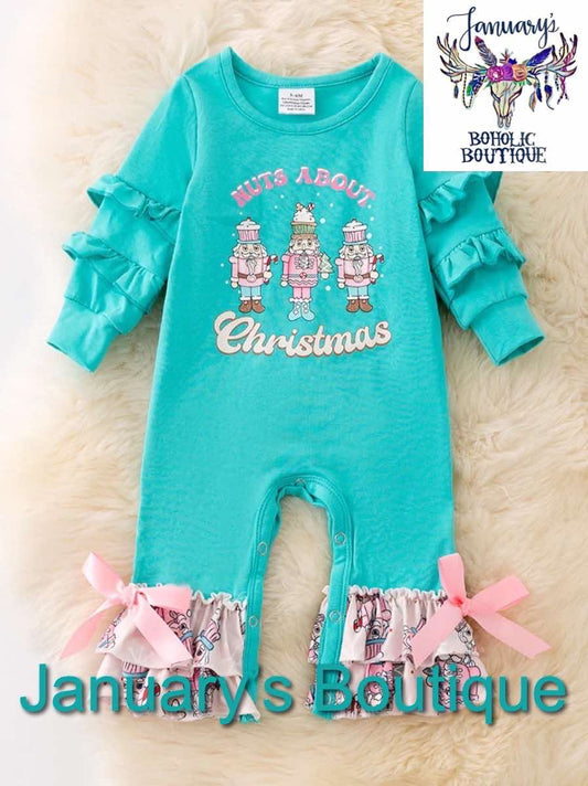 Girl's "Nuts About Christmas" Aqua Ruffle Romper