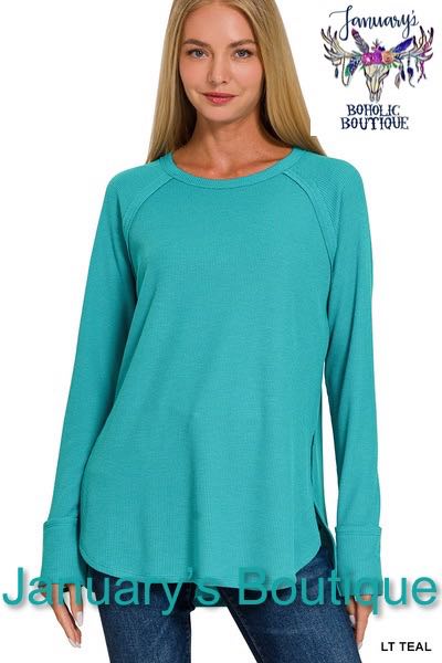 Women's Light Teal Baby Waffle Long Sleeve Top