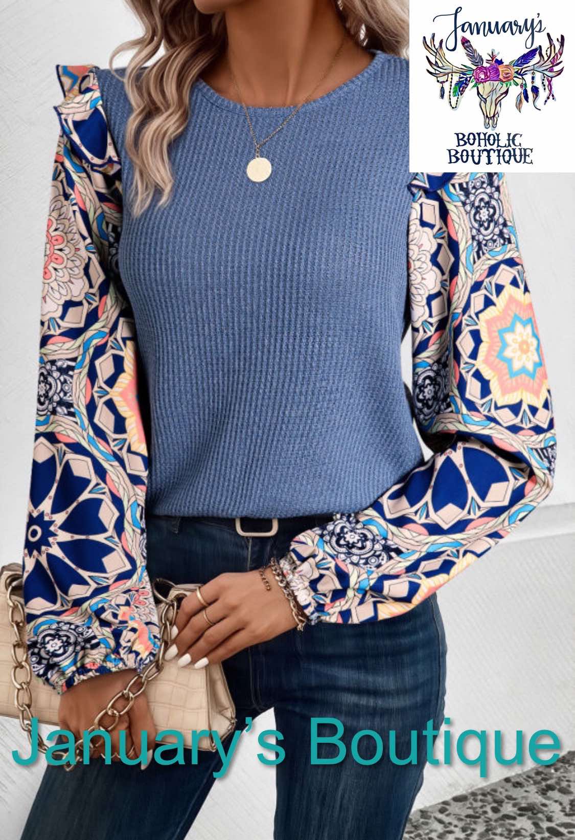 Women's Blue Ruffled Floral Top