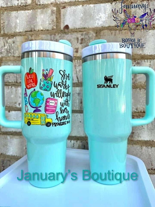 Mint Green Teacher Theme 40 OZ Tumbler