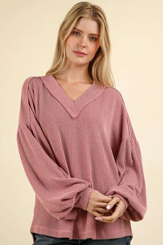 Two Tone Otto Ribbed V-Neck Pink Oversized Knit Top