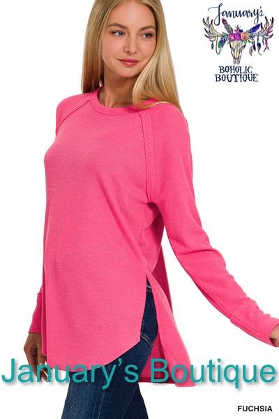 Women's Fuchsia Baby Waffle Long Sleeve Top