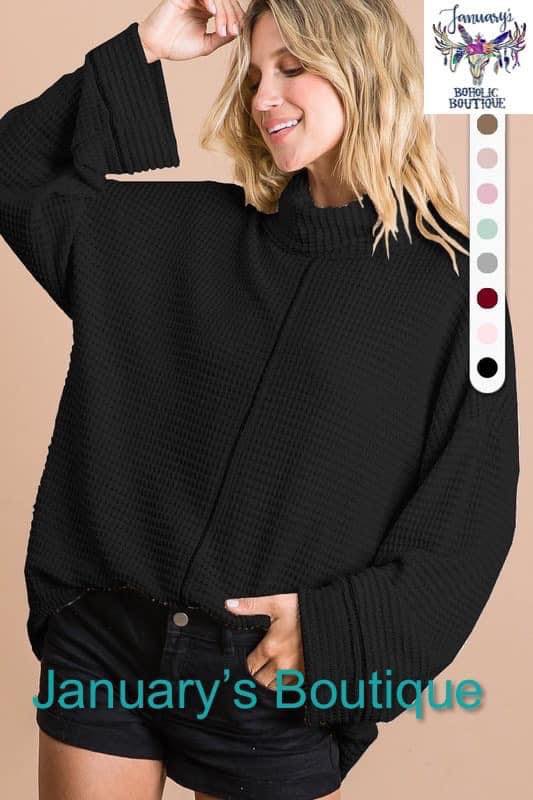 Women's Popcorn Waffle Turtle Neck Black Top