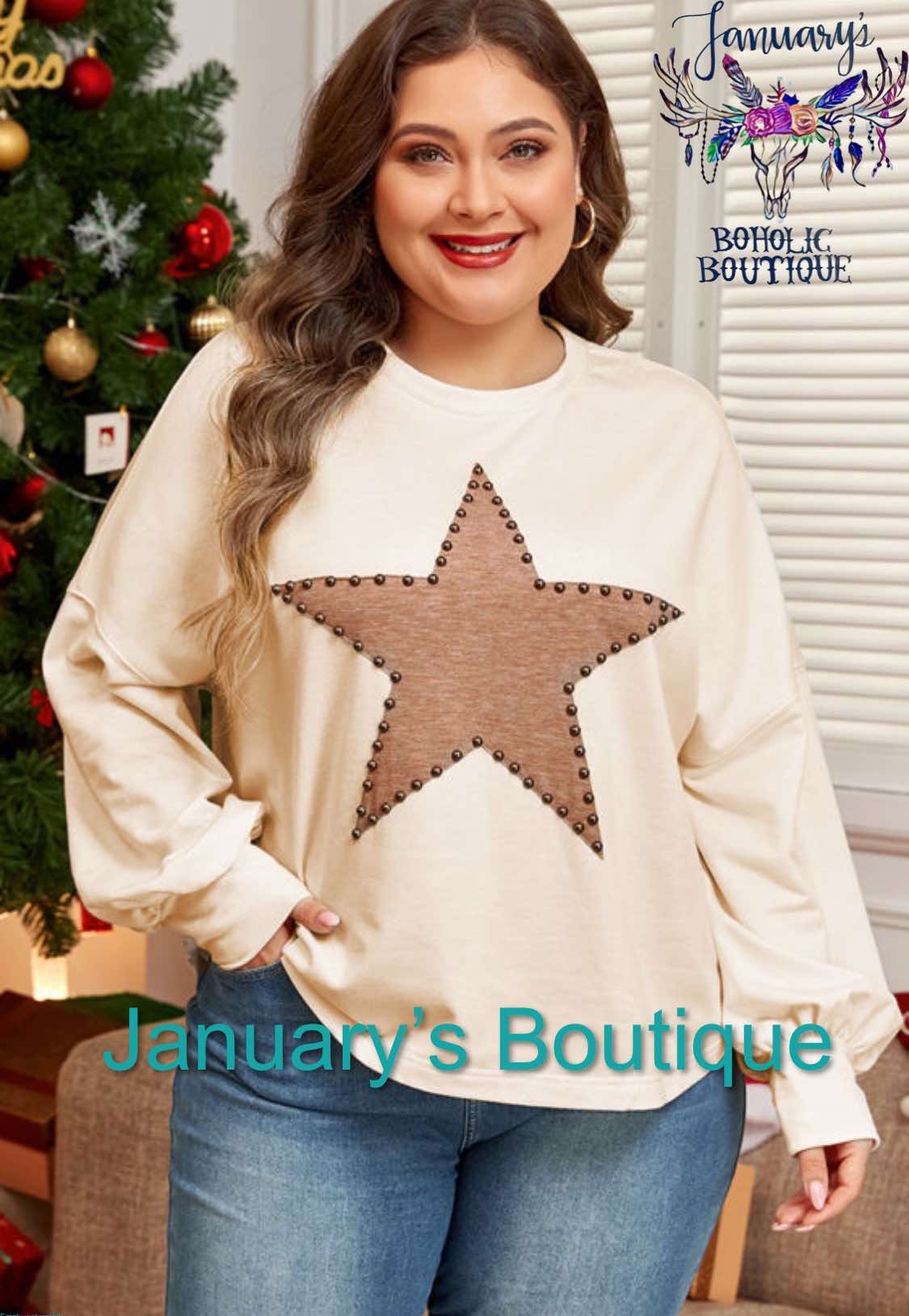 Beige Curvy Star Long Sleeve Top