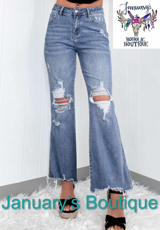 Women's High Rise Distressed Hem Flared Jeans