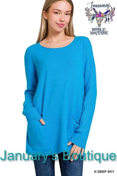 Women's Deep Sky Blue Pocket Sweater