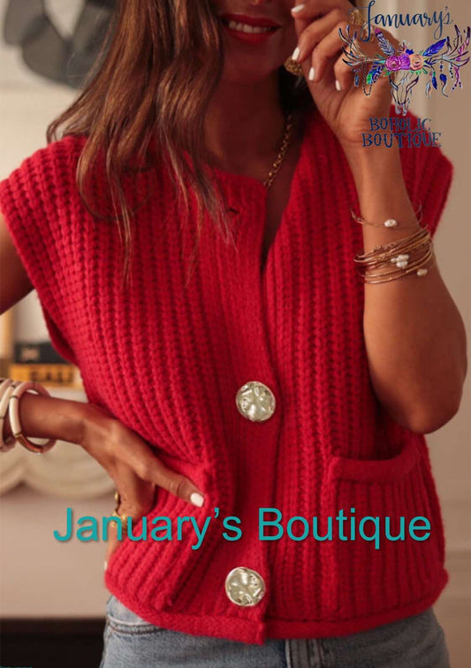 Red Textured Buttoned Sweater Vest