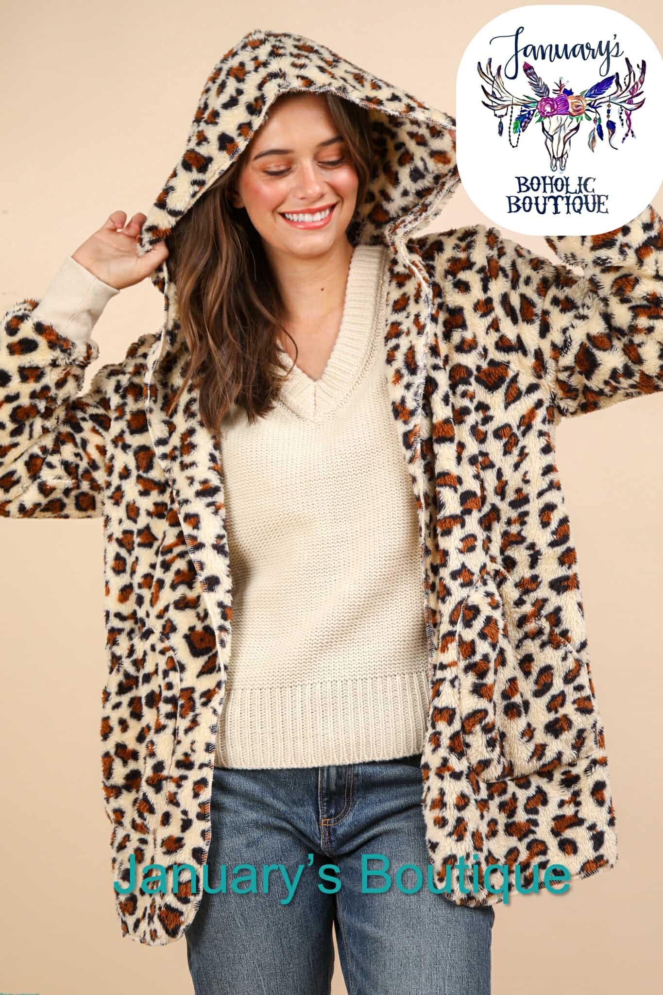 Women's Oversized Faux Fur Hooded Leopard Print Jacket