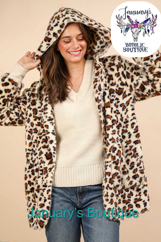 Women's Oversized Faux Fur Hooded Leopard Print Jacket