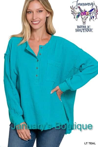 Women's Double Gauze Oversized Teal Henley Top