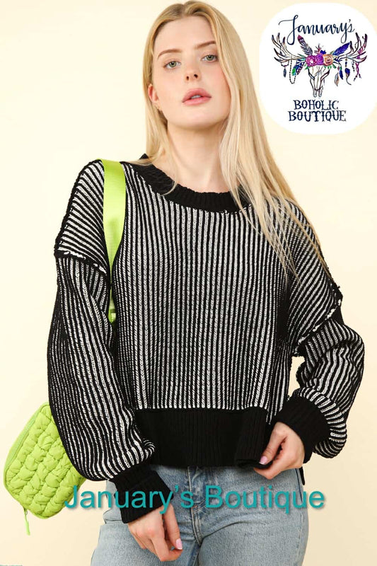 Women's Two Toned Black Striped Sweater