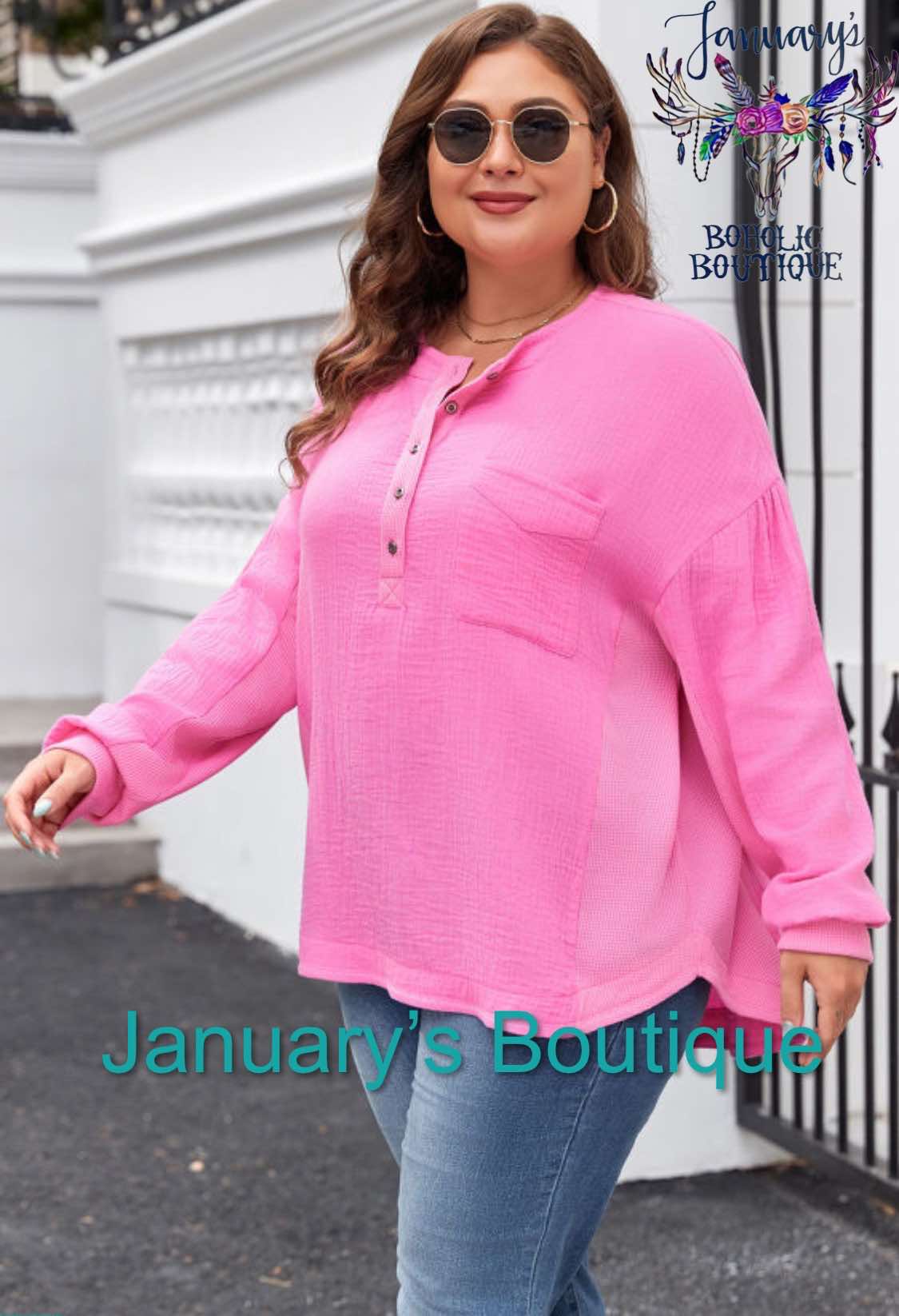 Pink Curvy Pocketed Long Sleeve Top