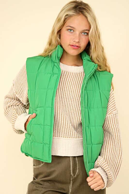 Women's Kelly Green Solid Puffer Vest