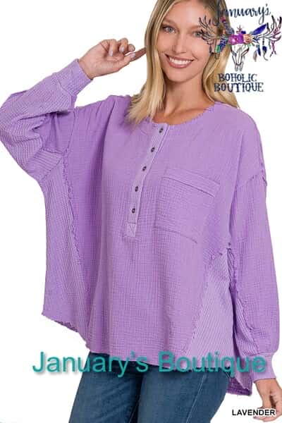 Women's Purple Double Gauze Oversized Henley Top