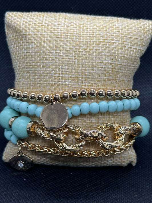 Teal and Gold Bracelet Set With Gold Chain