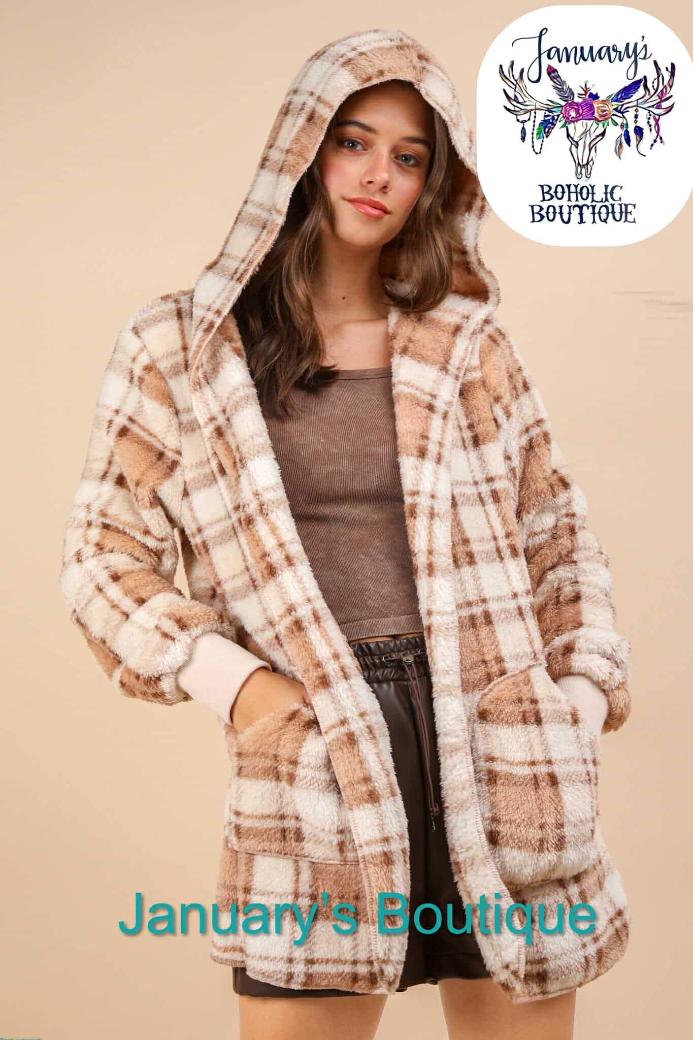 Women's Oversized Faux Fur Hooded Cream Mix Jacket