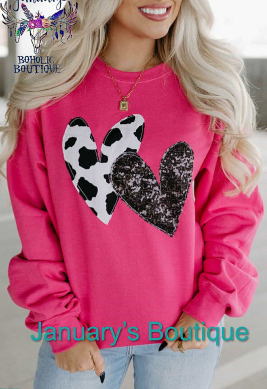 Women's Pink and Cow Sequin Valentine's Top