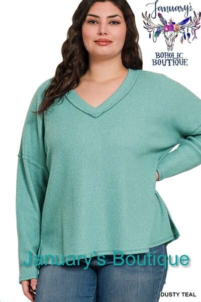 Women's Plus Ribbed Dusty Teal V-Neck Top