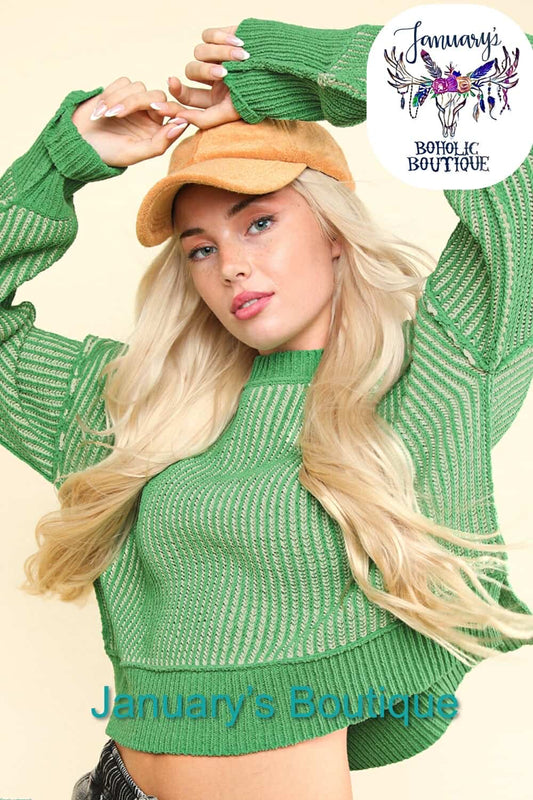 Women's Two Toned Green Striped Sweater