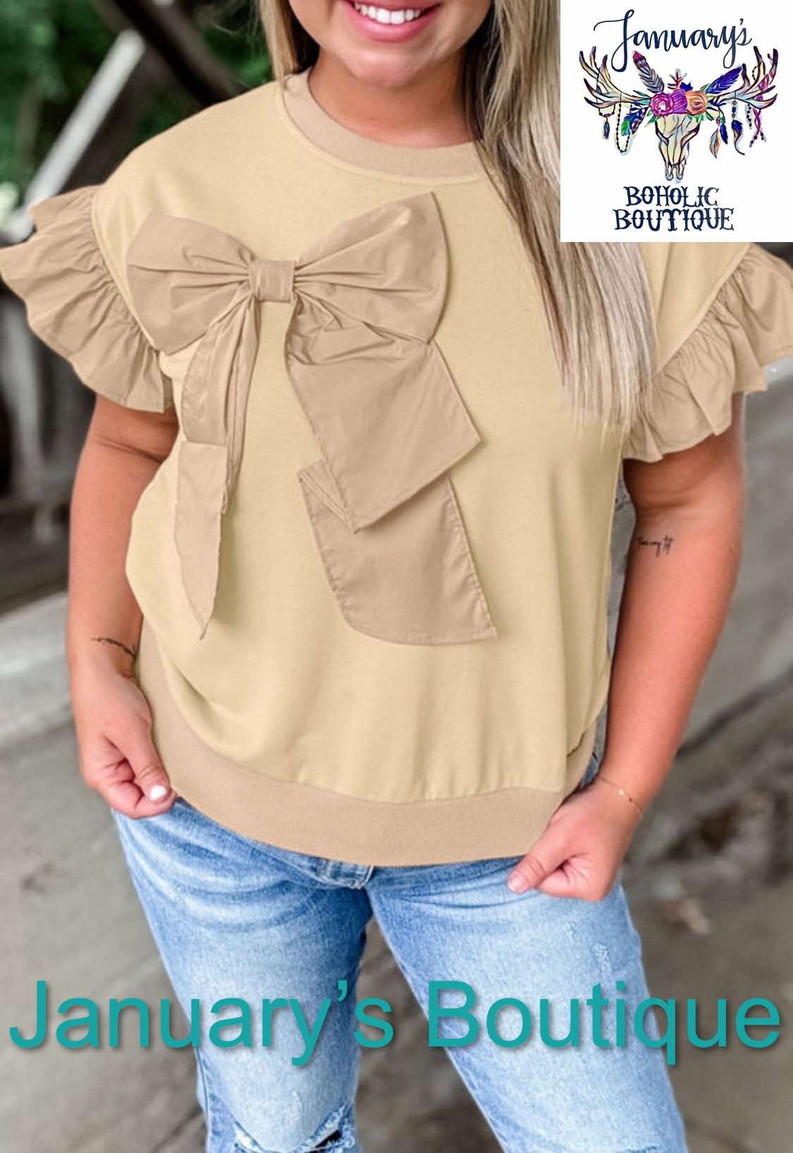 Women's Plus Size Khaki Ruffled Bow Top