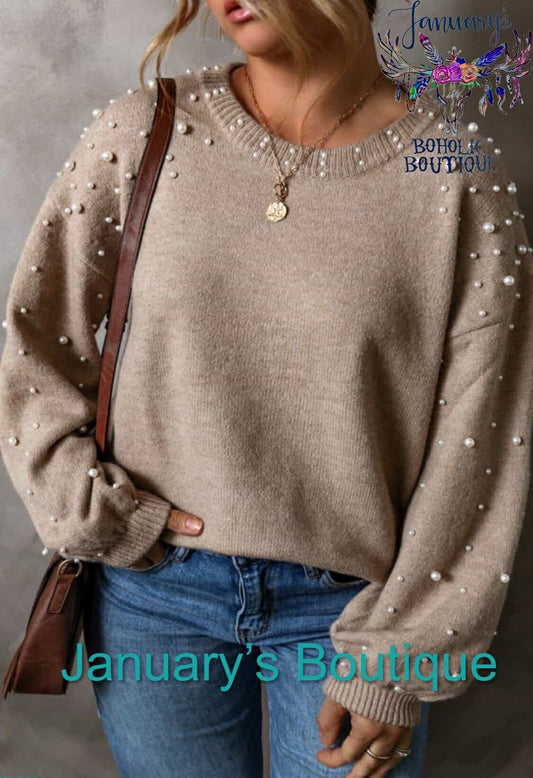 Women's Plus Tan Pearl Sweater