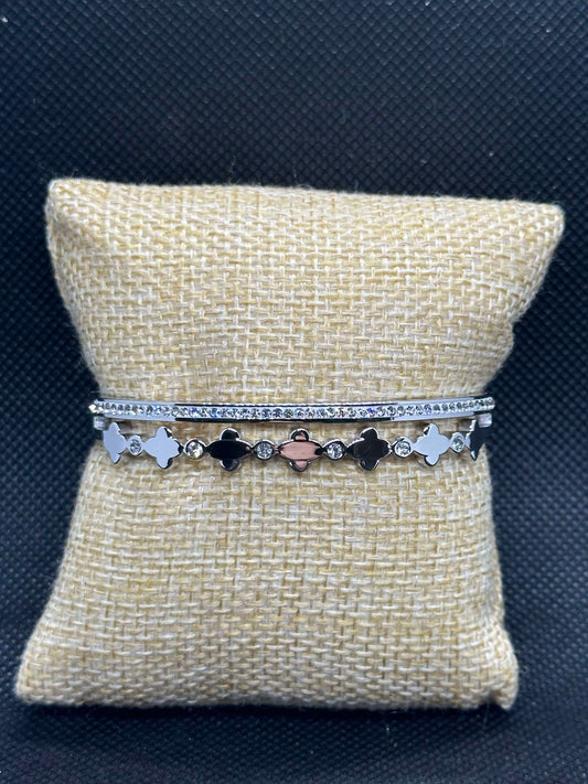 Silver and Rhinestone Clover Bangle