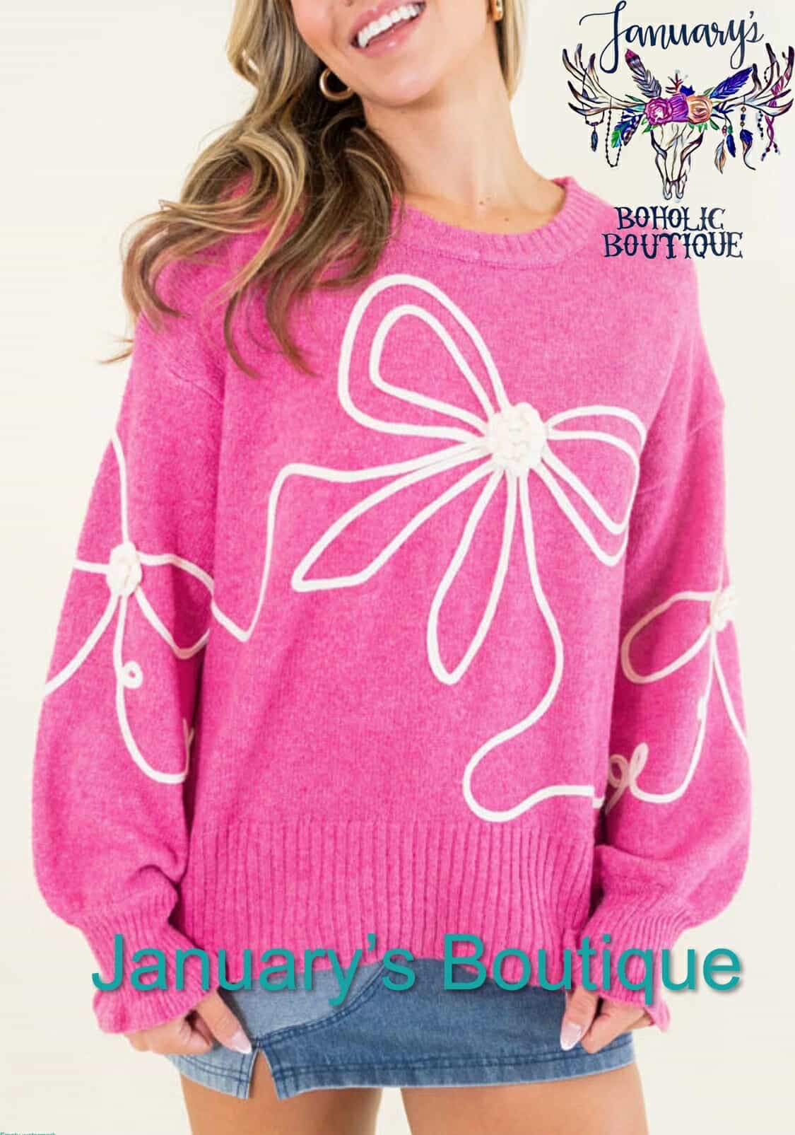 Women's Pink and White Bow Sweater