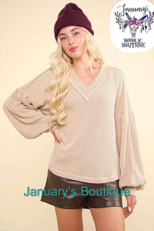 Two Tone Otto Ribbed V-Neck Oatmeal Oversized Plus Knit Top