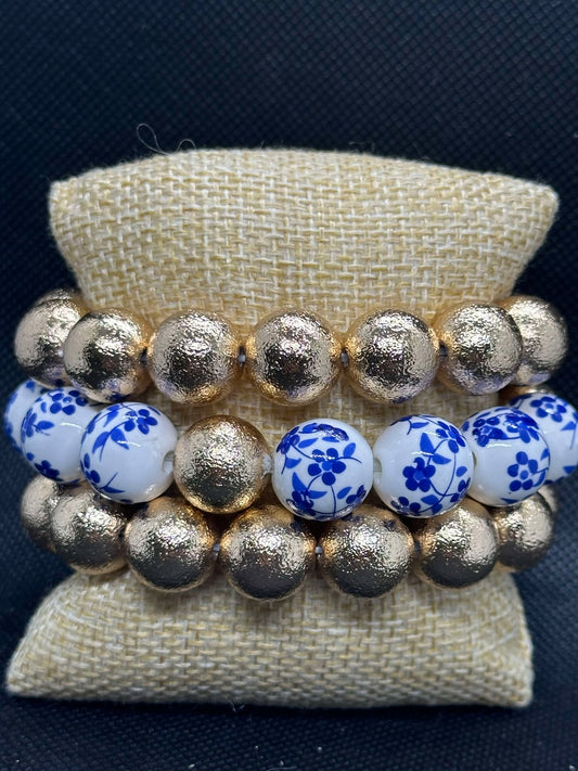 Blue Willow and Gold Beaded Bracelet Set