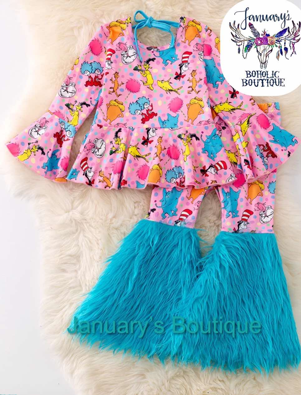 Girl's Pink and Blue Fur Pant Set