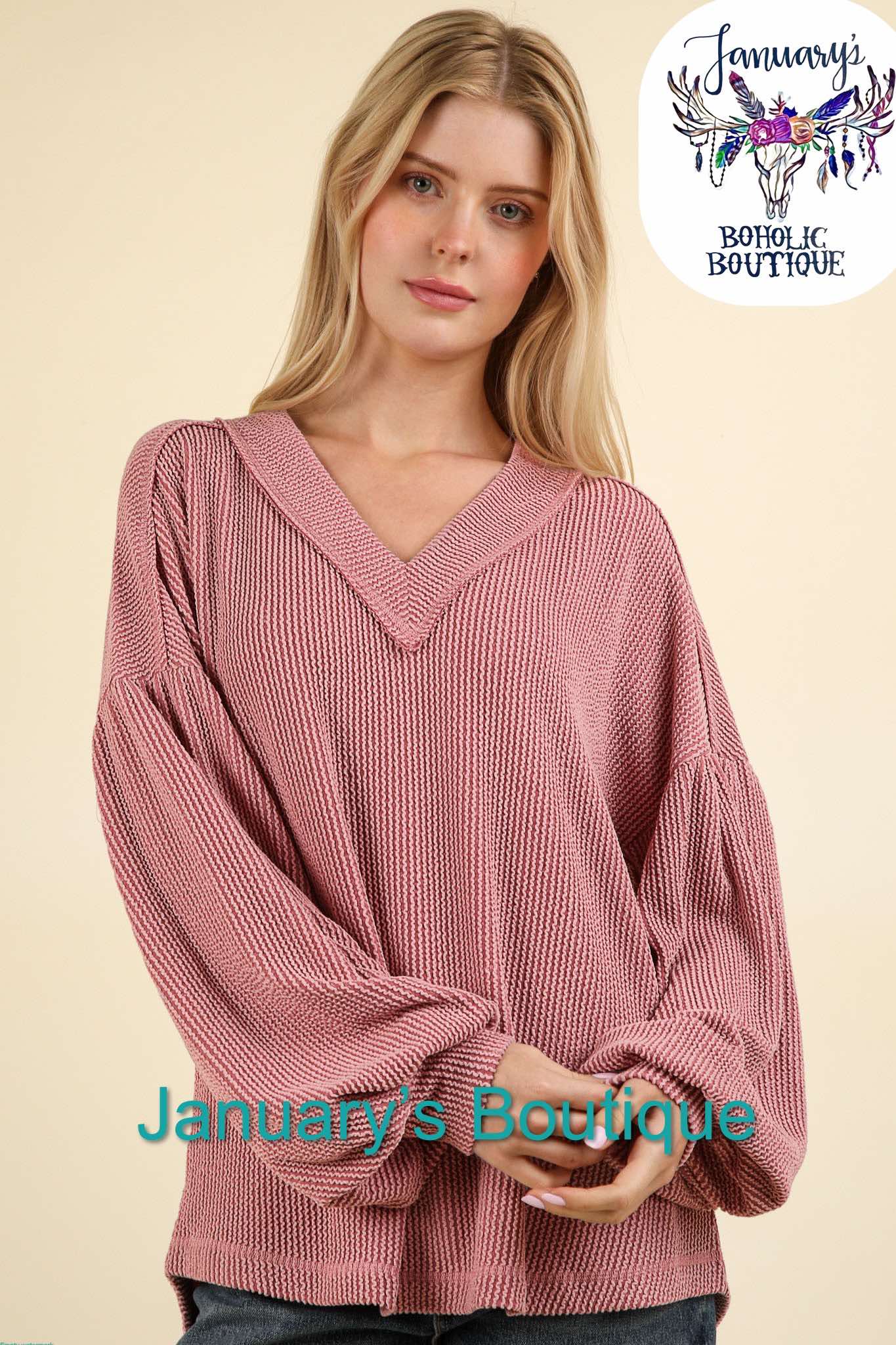 Two Tone Otto Ribbed V-Neck Pink Oversized Plus Knit Top