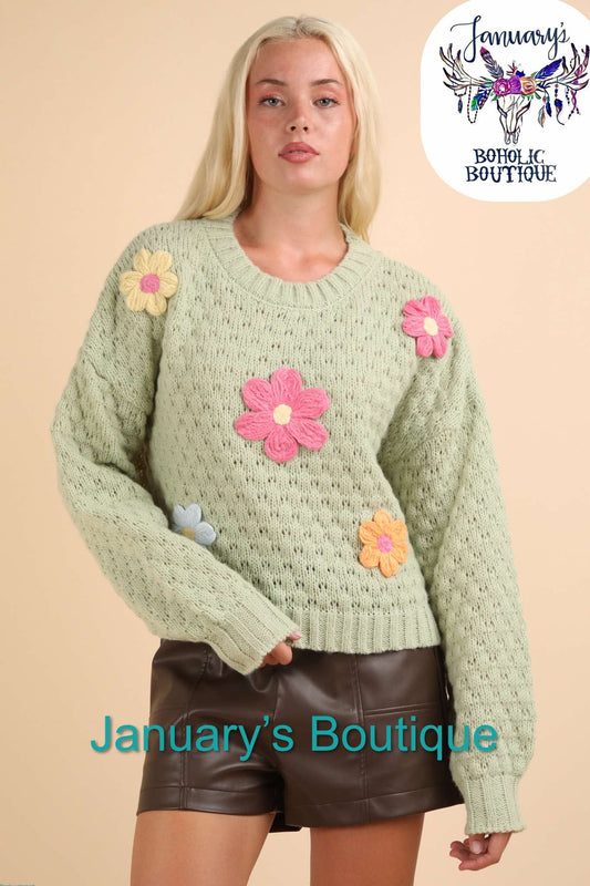 Women's Sage Floral Applique Knit Sweater