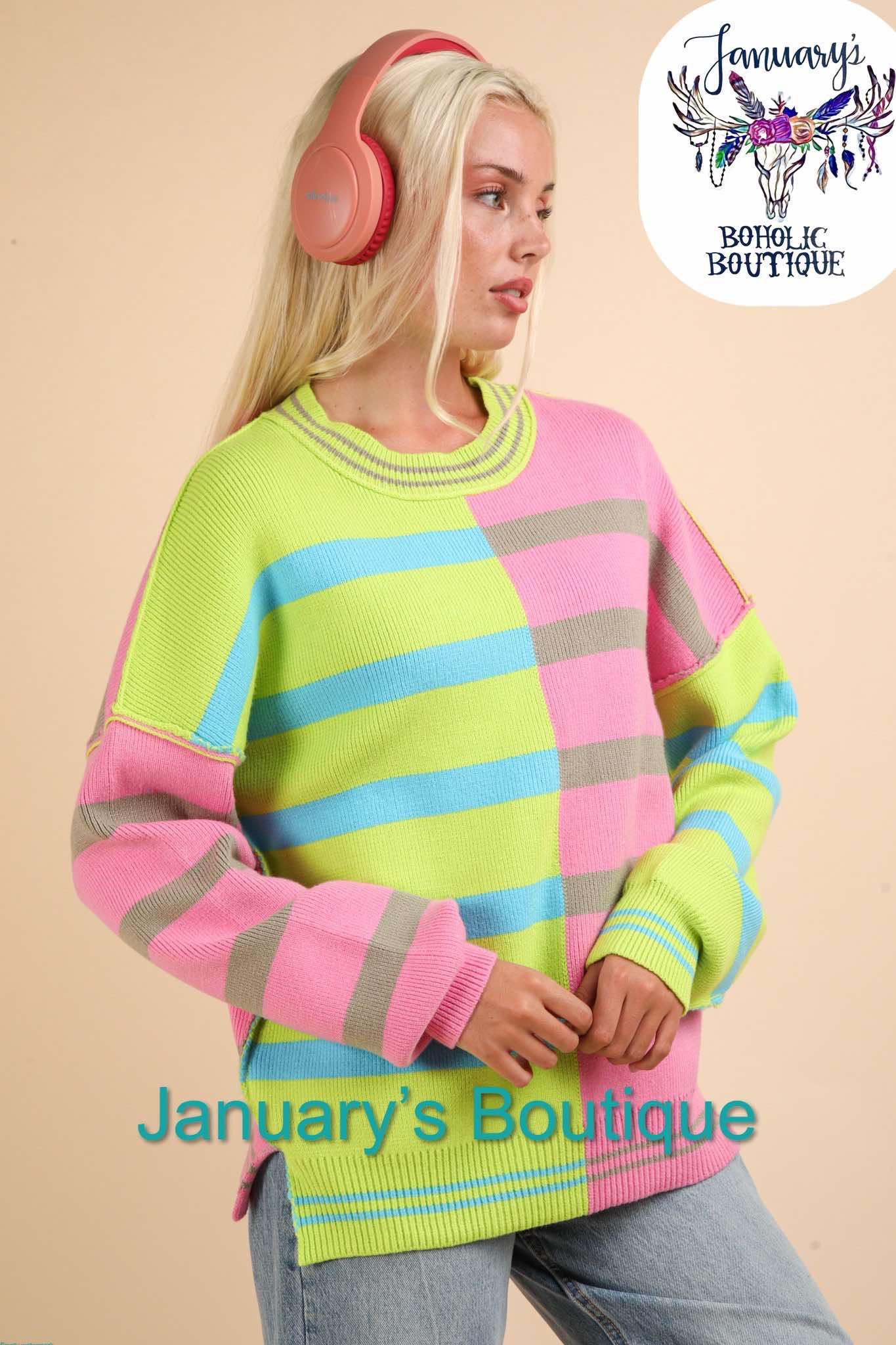 Women's Lime Pink & Blue Sweater